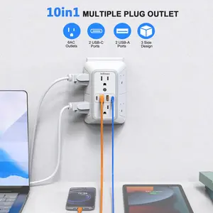 JcBlaon 10in1 Multiple Sockets US Plug Power Strip with 6 AC Outlets 4 USB Ports 2 Type C Wall Socket Universal Network Filter Fast Charging