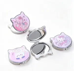 Officially Licensed Sanrio Hello Kitty Sand-Filled Flip-Top Compact Mirror, Double Sided Pocket Makeup Mirror with Floating Glitter Quicksand