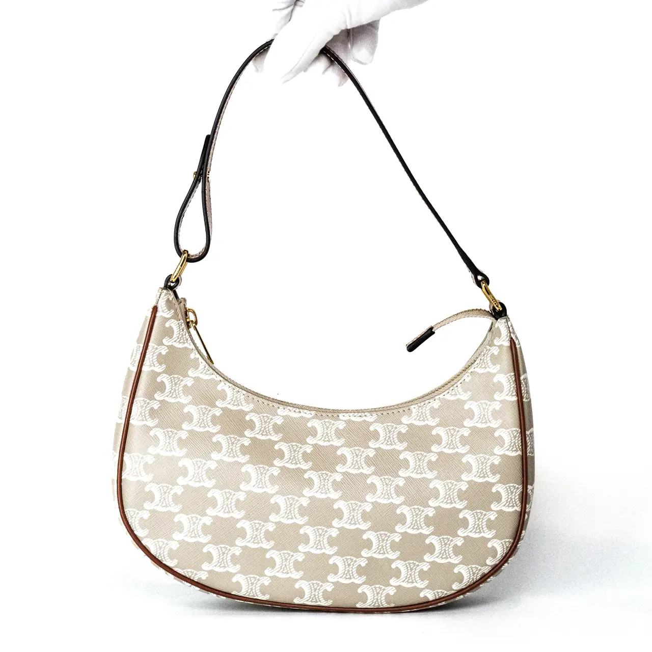 Pre-owned Celine Triomphe Canvas & Calfskin leather Shoulder Bags Ava Bag – Triomphe Canvas & Calfskin | White | Gold Hardware