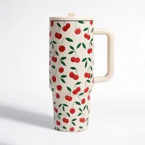1pc 40oz Stainless Steel Insulated Mug with Handle, Cute Cherry Print Thermal Cup with Lid and Straw, Keep Hot 12H/Cold 24H, Leak-Proof Vacuum Mug for Coffee, Travel, Office, Great Gift for Women, Friends, Cherry Lovers, Home Kitchen Essentials
