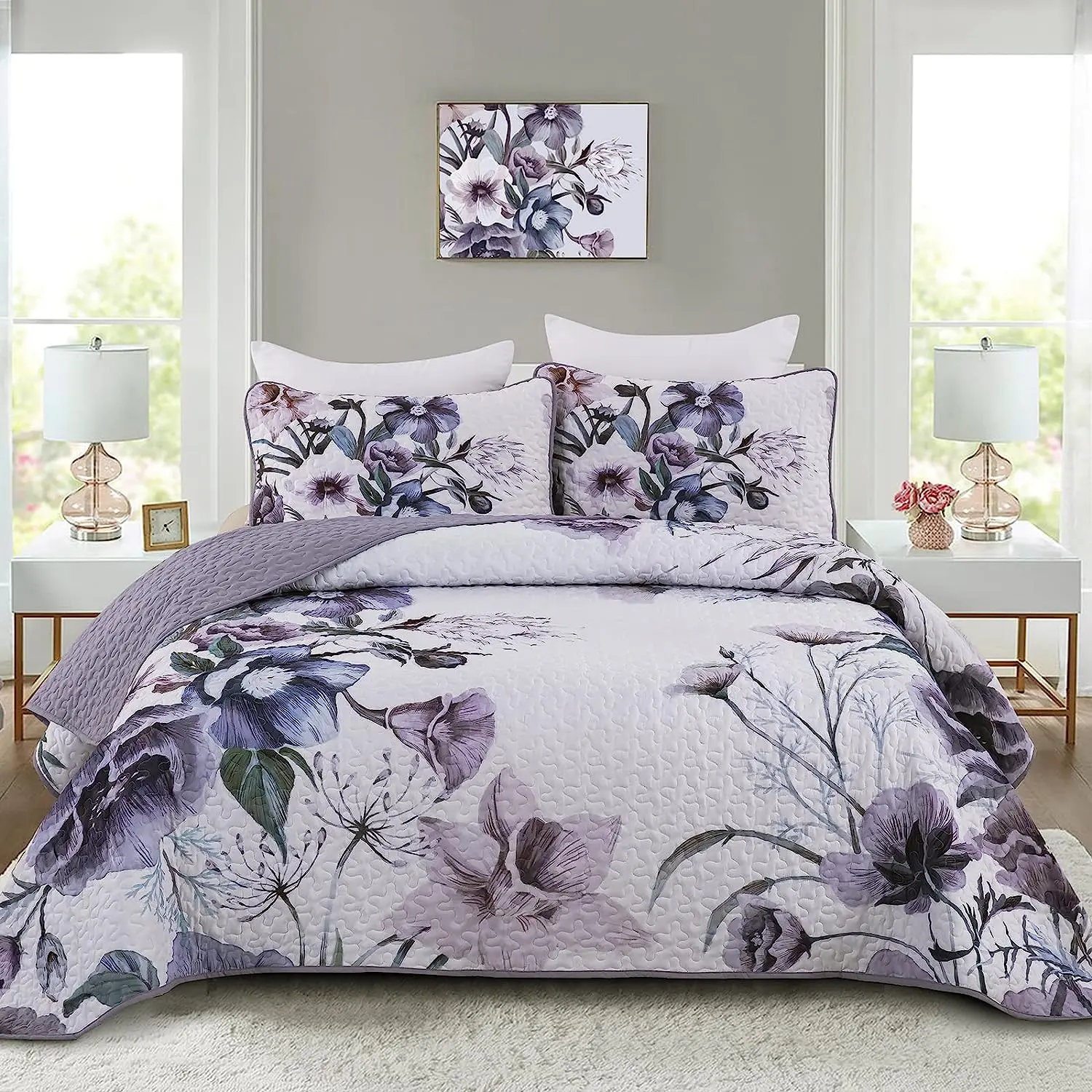 Floral Quilt Set Queen King 3 Pieces Boho Purple Quilt Coverlet Set Soft Microfiber Lightweight Purple Floral Quilted Bedspread for All Season 90"x96"