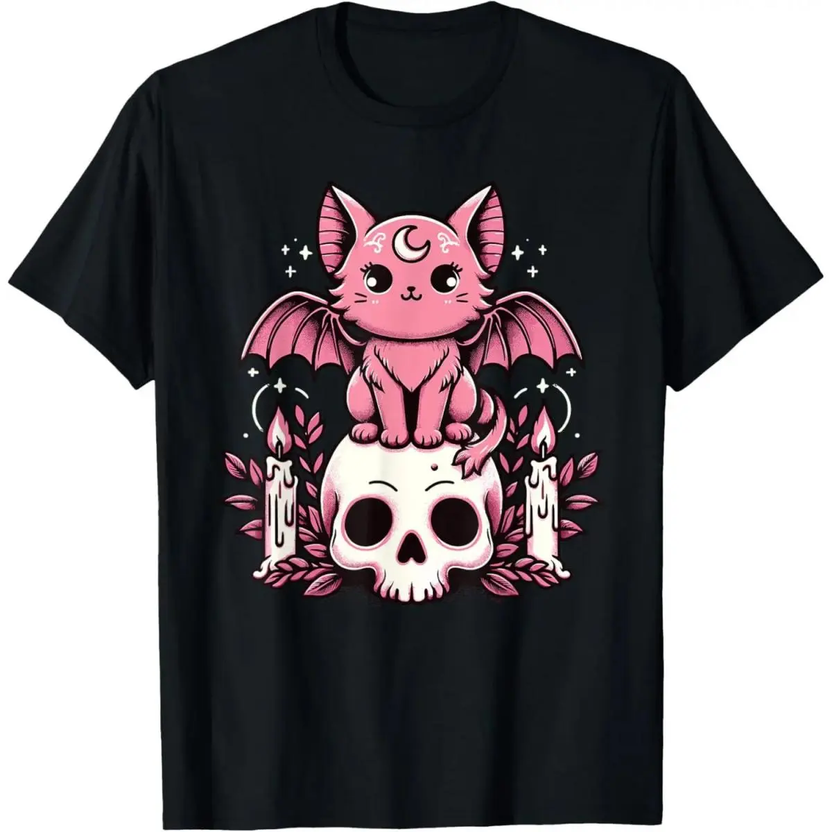 Unisex Kawaii Pastel Gothic Short-Sleeve Casual Sports Top - Crew Neck, Cute Creepy Cat/Bat/Skeleton Prints, All Season Streetwear, Normal Type, Machine Washable, Round Neck, T-Shirt, Shortsleeve, All Seasons