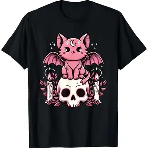 Kawaii Pastel Goth Cute Creepy Cat Bat Skeleton Men Women Summer Casual Shortsleeve  T-Shirt Streetwear Tshirt