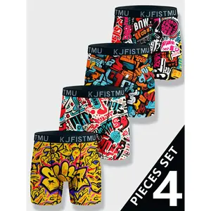 4pcs Men'S Boxer Briefs - Soft Breathable Underwear with Bold Graphic Prints (KJFISTMU, Graffiti Letters) - Stretchy Gym, All-Season Comfort Fit - Ideal for Streetwear & Hip-Hop Fashion - ,Comfortable Fit, Durable Construction, Multipack Underwear