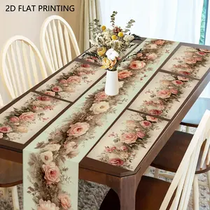 Floral Print Table Runner Set, 5/7 Pieces (table Runner 33x183cm + Placemat 30x45cm), Spring Summer Autumn Winter, Floral Patterns, Home Kitchen Party Decor