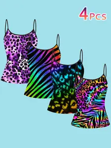 4 Piece Set Colorful Animal Pattern Strapless Tank Tops, Leopard Zebra Sequins Inner Layer Outer Wear, Casual Slim Fit All Seasons