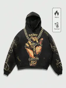 Gothic Cross Print Hoodie, Long Sleeve Street Hip-Hop Loose Pullover Jacket, American Street Saint Cross Print Sweatshirt, Streetwear