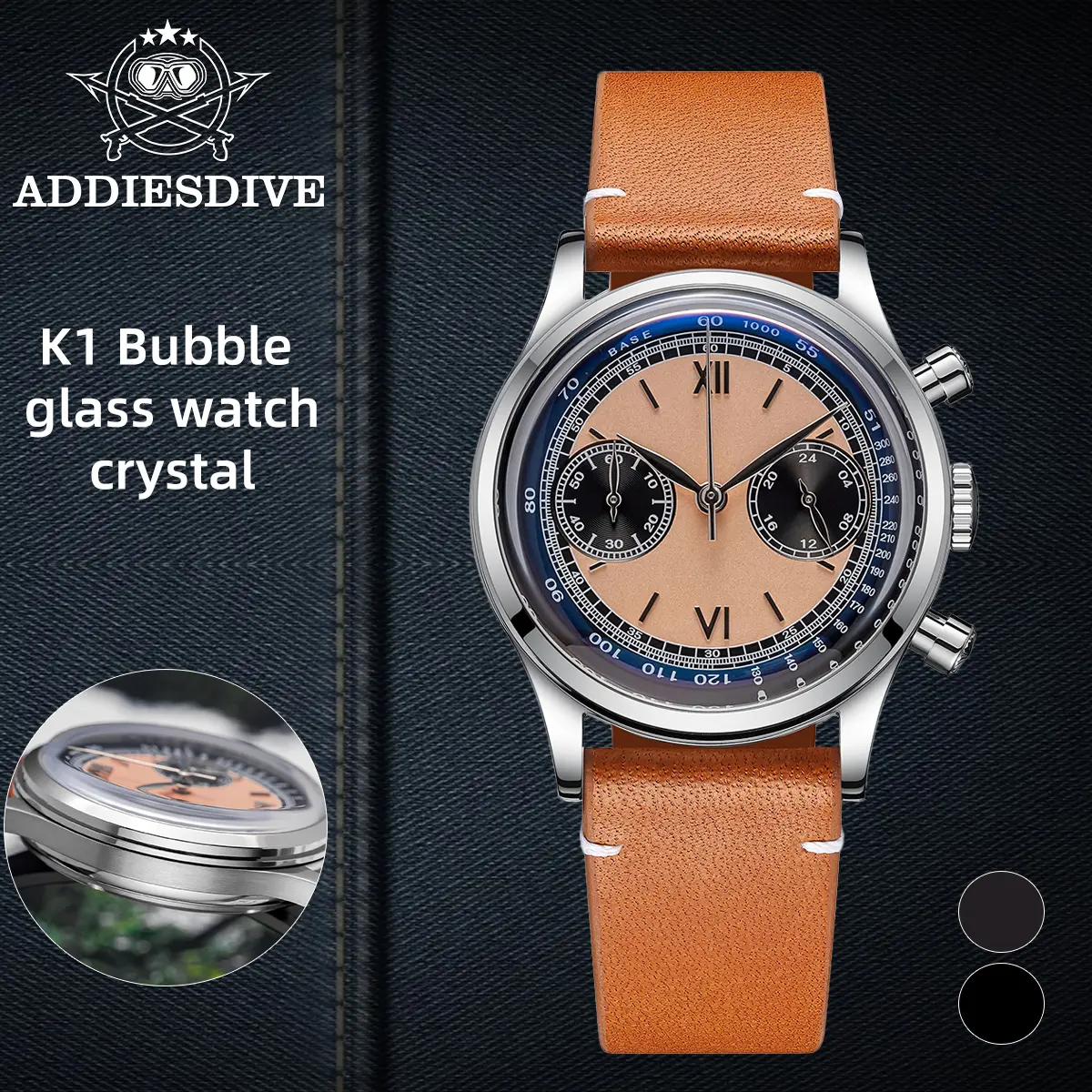 ADDIESDIVE Men's Watch Vintage Chronograph Watch - VK64 Hybrid Movement 38mm Salmon Dial Speedmate Style 100m Waterproof
