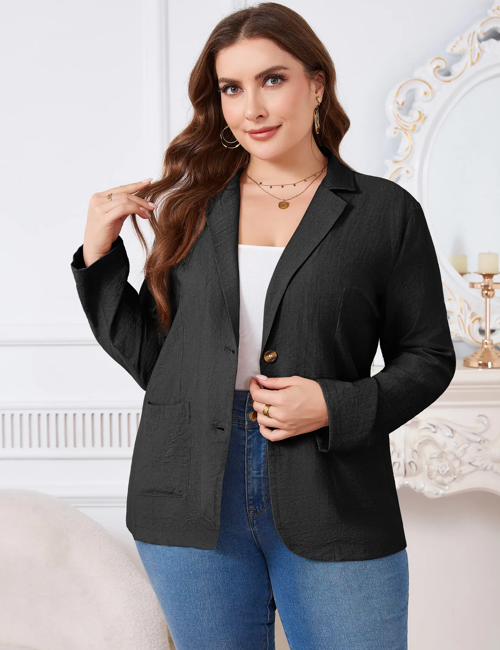 YESFASHION Women's Plus Size Linen-Look Blazer - Essential Basic Everyday Single-Button Casual Jacket with Pockets, 95% Polyester 5% Rayon Fabric XYZ