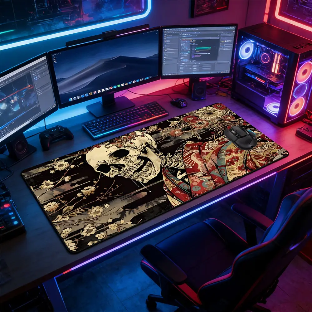Dark Floral Skeleton Geisha Large Extended Mouse Pad, Non-Slip Rubber Base with Stitched Border, High-Contrast Japanese Aesthetic Design, Durable Accessory for PC Gaming Setup, Ideal Gift for Gamer Boys & Art Enthusiasts