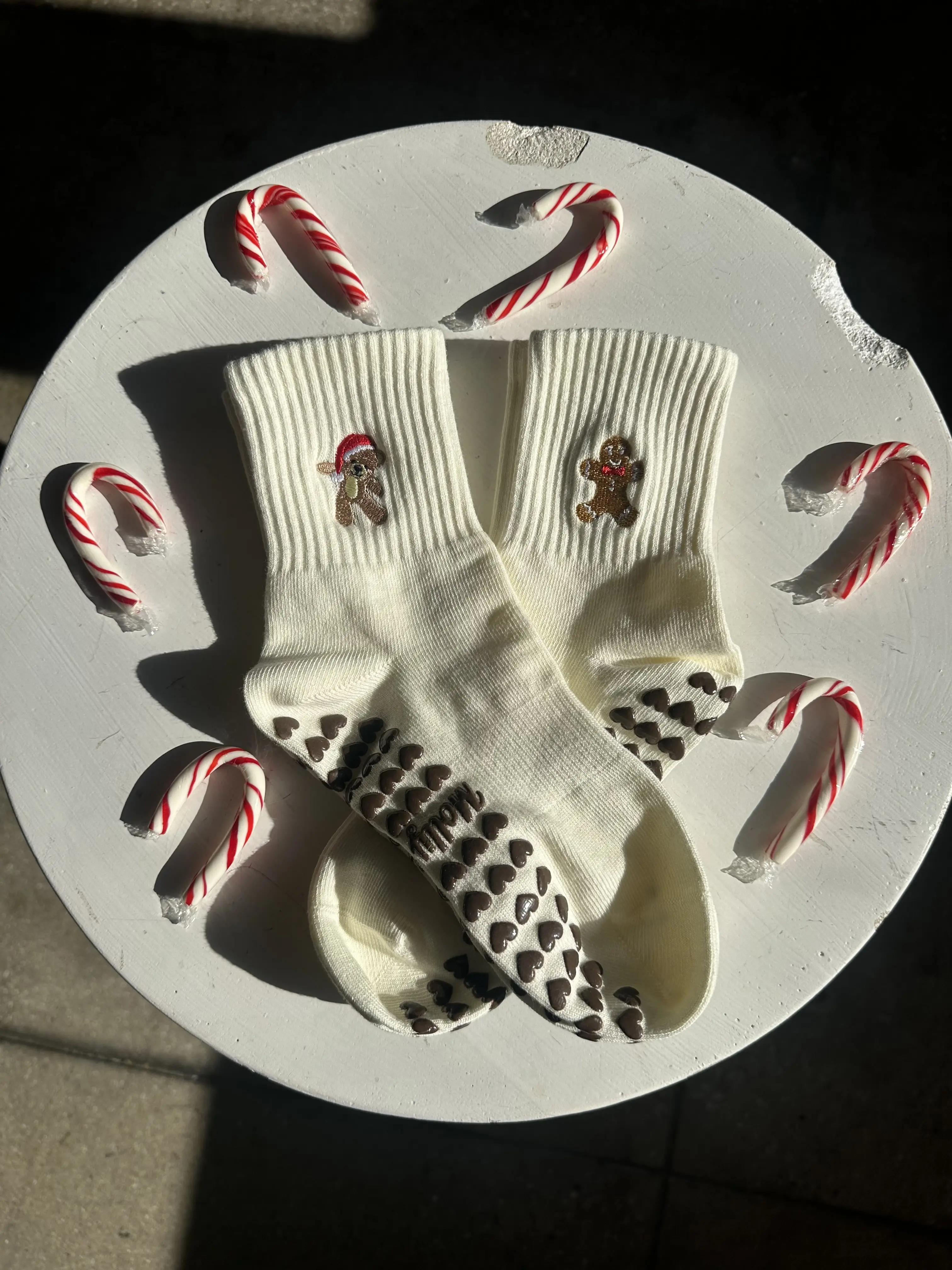 Holiday season grip sock 2 pack of the gingerbread and santa bear non slip sock for pilates, barre, yoga or lagree