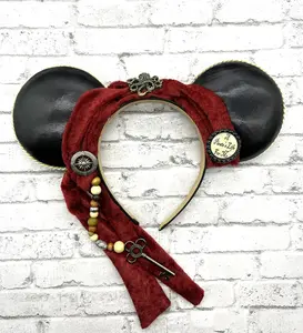 Pirate Ears - Red Fabric Headband with Mickey Ear Design, Beads, Decorative Pendant & Ribbon, One Size Fits Most, Handmade for a Magical Cruise Party