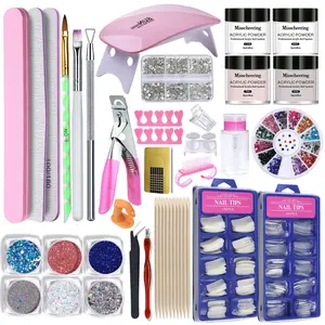 Acrylic Nail Starter Kit 38 Pieces with UV Nail Lamp, Complete Manicure Set with Acrylic Powder, False Nail Tips, Nail Glitter, Rhinestones and Nail Art Tools for DIY Nail Art