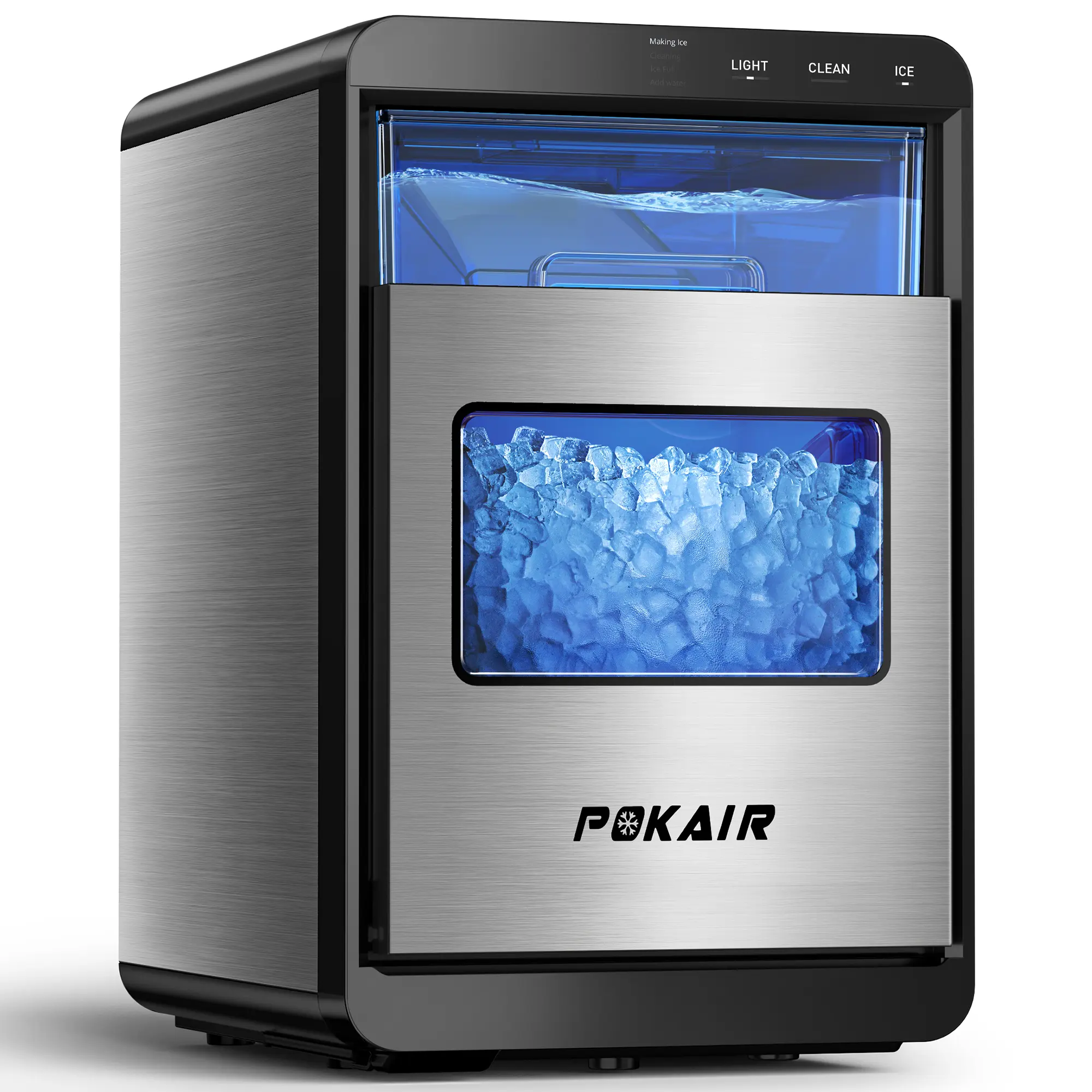 Pokair Countertop Nugget Ice Maker - 44.9lbs/Day Soft Chewable Pebbles Icemakermachine, Stainless Steel, Touch Screen, US Plug for Home Kitchen Beverages, Soft Chewable Pebble Ice