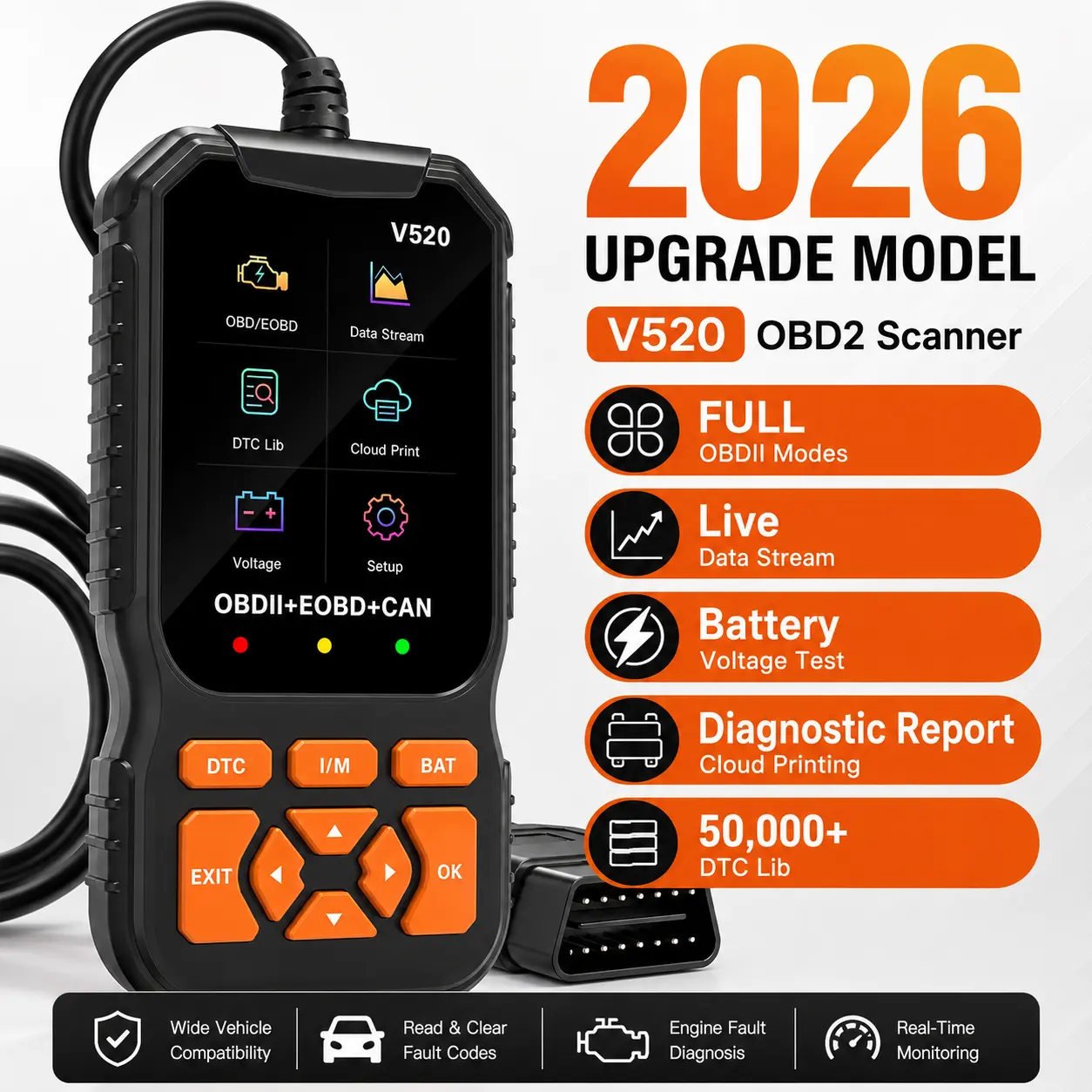 V520 OBD2 Scanner Code Reader, automotive engine diagnostic tool with code reading and clearing, live data, O2 sensor test, I/M readiness, battery voltage, and 9 languages