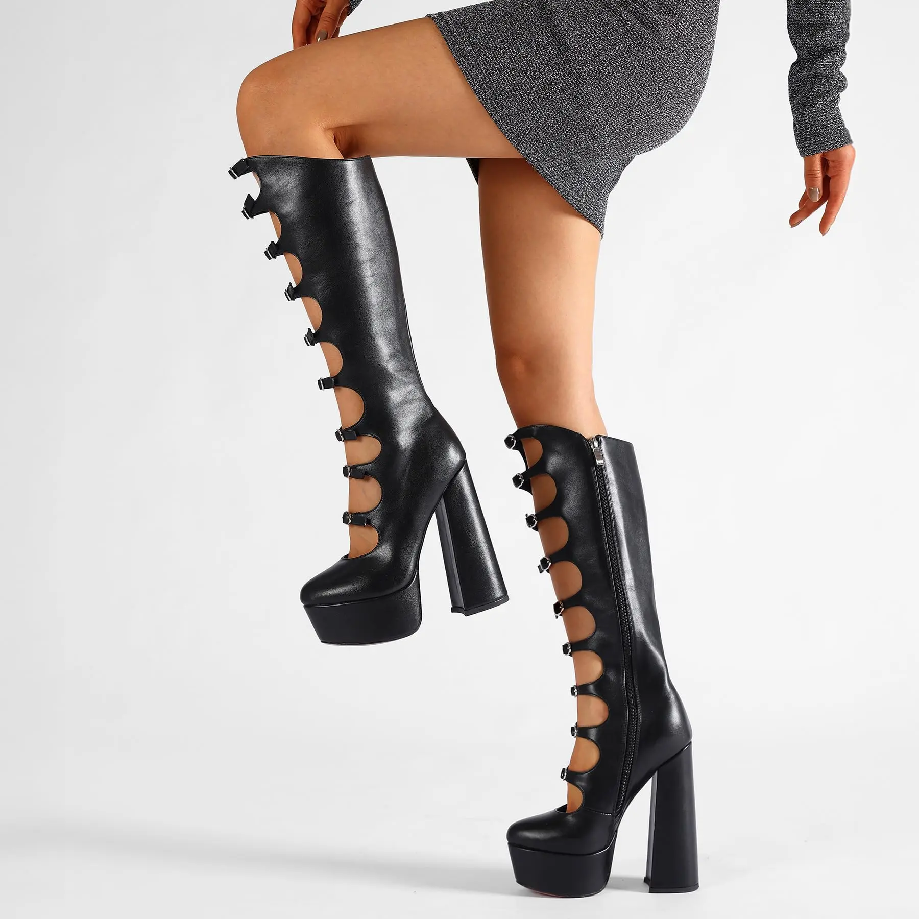Novaia Women’s Y2K Black Patent Leather Chunky Heel Platform Knee High Boots - Edgy Cutout Design, Punk Goth Style, Comfortable Fit for Nightclub & Rave Looks, Elevate Outfits with Bold Chunky Heels & Statement-Making Design