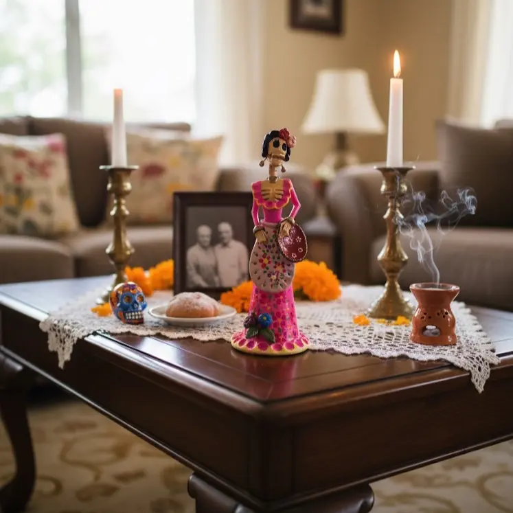 Artisan Handmade 10” Mexican Catrina Figurine – Glow in the Dark Hot Pink with Mexican Decorated Plate | Día de los Muertos Collectible