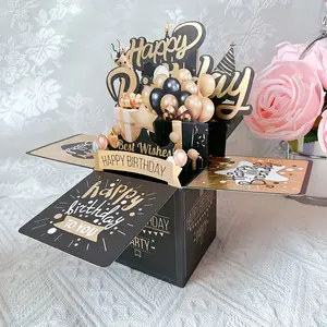 A Set of Festive Theme 3D Birthday Cards: Black And Golden Design, Suitable for Both Men And Women - Includes 2 Cards And 1 Envelope.