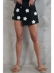 Black Denim Skort With Pearl Patch Flowers