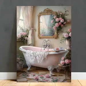 2D Flat PUDRAW Retro Clawfoot Bathtub Floral Canvas Wall Art - Wooden Frame Ready-to-Hang Pink Rose and Lace Pattern, High-Quality Canvas Print Suitable for Living Room, Office, Restaurant Decoration - Perfect Home Decoration Gift, Bathroom Wall Decoratio