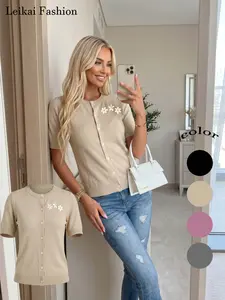 New Round Neck Short Sleeve Cardigan Sweater, Spring Summer Knitwear, Fashionable Single Piece Printed Sweater, Casual Wear