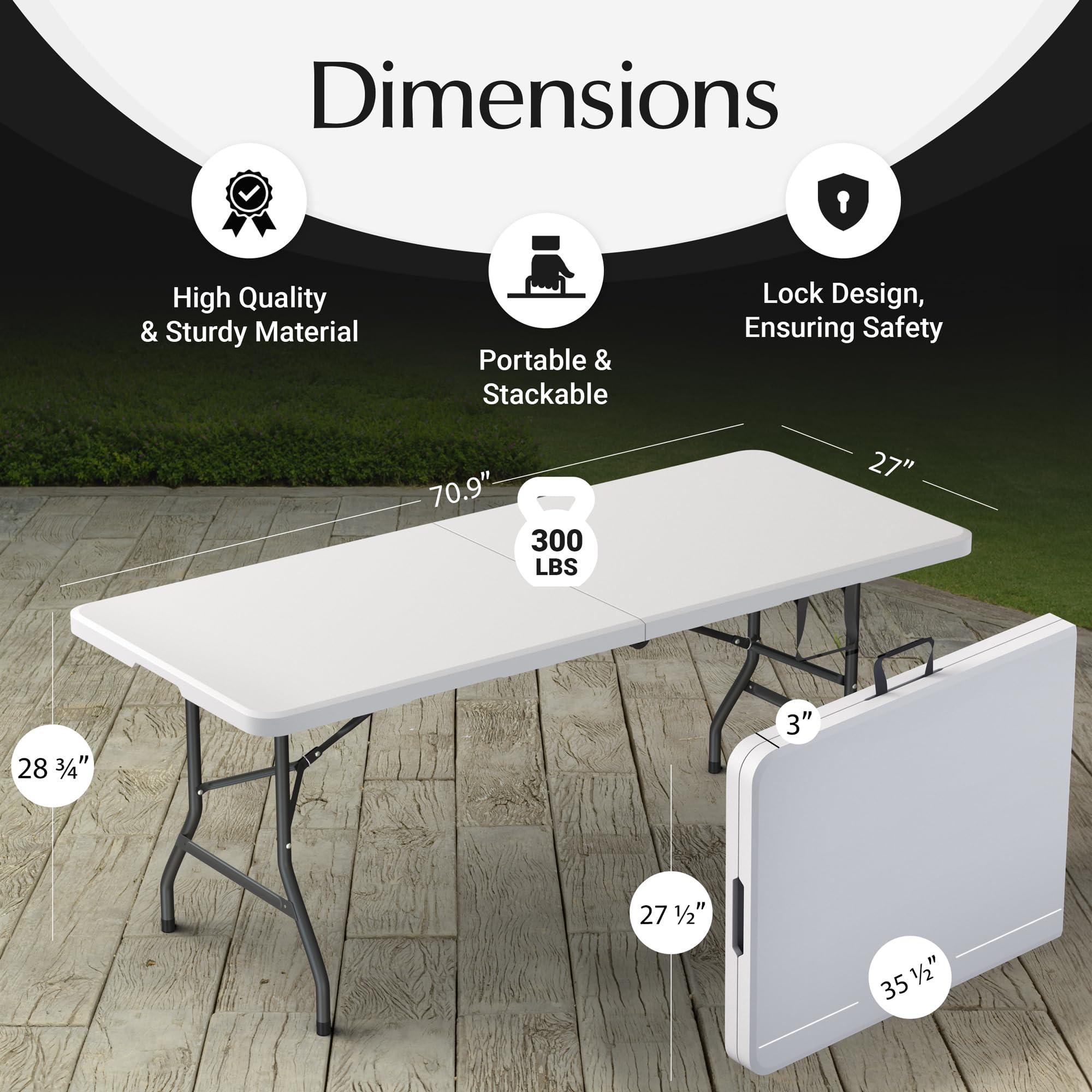 Heavy Duty Portable Folding Table, 7 ft, Indoor & Outdoor, Fold-in-Half Design with Carrying Handle, White | Portable, Heavy Duty, Indoor & Outdoor, with Carrying Handle