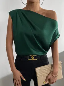 Solid Asymmetrical Neck Ruched Satin Blouse Women Minimalist