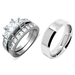 His Hers 3 Pcs Stainless Steel Princess Cut CZ Engagement Ring set Mens Flat Band