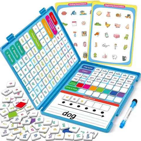 Torlam Phonics Magnetic Letter Tiles Educational Toy - 108 Alphabet Tiles, 2 Double-Sided Dry-Erase Mats, Word Build Boards, All-in-1 Storage Case, Kids Learning Materials for 5 Years Above to Build Phonics Skills (Classroom/Homeschool Use)