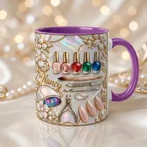 Personalized Nail Tech Mug 2D Printed 3D Effect Custom Name Coffee Cup, Inflated Manicure Design, Premium Ceramic for Nail Artist Beauty Salon Decor, Girly Gift Idea for Her Women Friends Birthday Appreciation Present