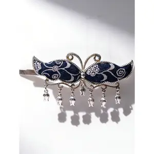 Handmade Embroidered Silver Butterfly Hair Clip with Tassel |     Boho Ethnic Style Hair Accessory