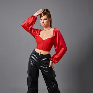Lil Pop Corset Bandage Satin Top - Red Long Sleeve Crop Top with Corset Design for Stylish Wear