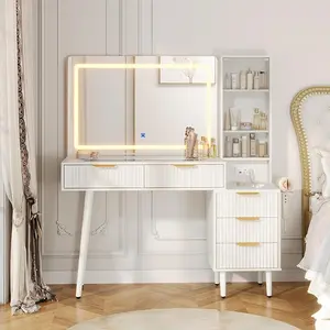 Large Vanity Desk with  36-Inch LED Mirror and 3 Lighting Modes, 48-Inch Fluted Makeup Table with 5 Drawers, Shelf, Built-in Power Outlet and USB Charging, for Bedroom