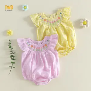 Summer Baby Girls Rompers Flower Embroidery Round Neck Fly Sleeve Infant Bodysuits Jumpsuits