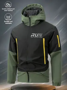 Men's Fashion Outdoor Jacket Run Print Colorblock Hooded Design, Sporty Loose-Fitting Outerwear for Spring & Fall