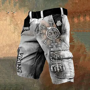 Men'S Retro Viking Rune Color Matching Art Graphic Cargo Shorts Gift For Him, Men Work Shorts, Summer Arrival, Gift For Dad Menswear Tropical Style 1 leaf  jorts Vintage Belt Breathable Casual Eagle Fabric Outdoor Red