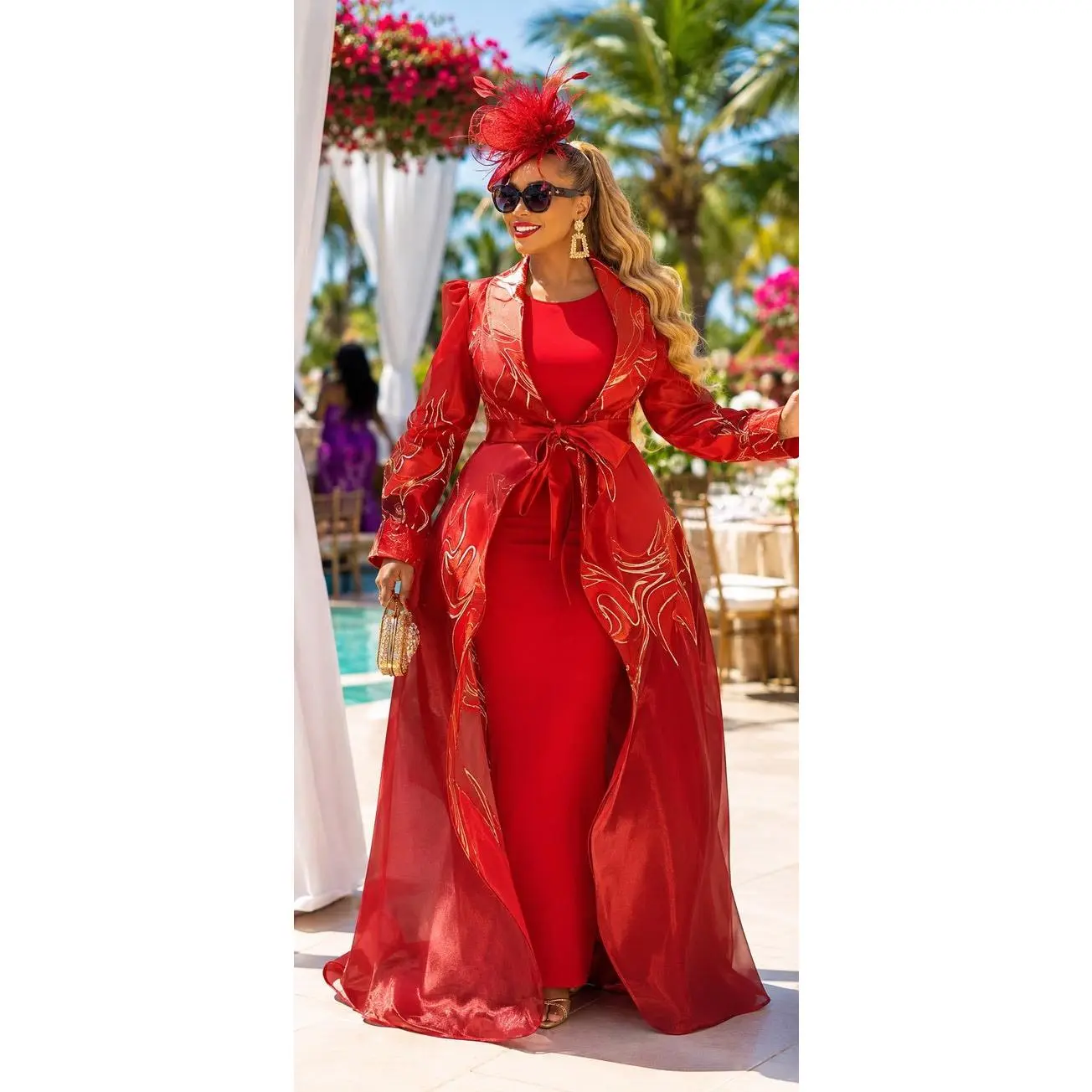 Dramatic Red Evening Gown Set: Brocade Duster Coat + Fitted Maxi Dress Overlay Sophisticated Mother of The Bride Formal Evening Dress Wedding Guest Birthday Party Outfit