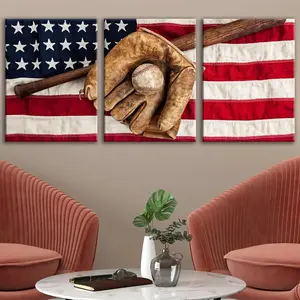 Baseball & Glove & Ball & American Flag Pattern Wooden Framed Canvas Painting, 3 Counts/set Modern Wall Art, Wall Decor for Home Living Room Bedroom Office, Ornaments