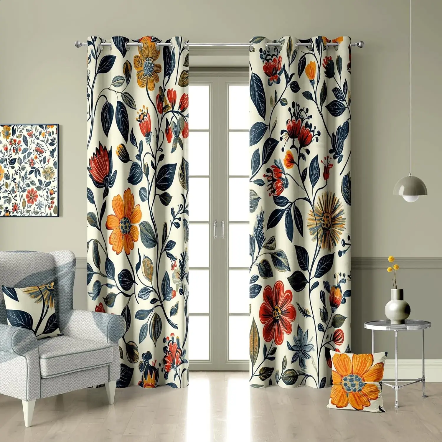 Floral Leaves Blackout Curtain, Red Yellow Boho Flowers Aesthetic Art Window Curtains Darkening Thermal Insulated Grommet Window Drapes for Living Room Bedroom Decor 42"W x 108"L (Pack of 2)