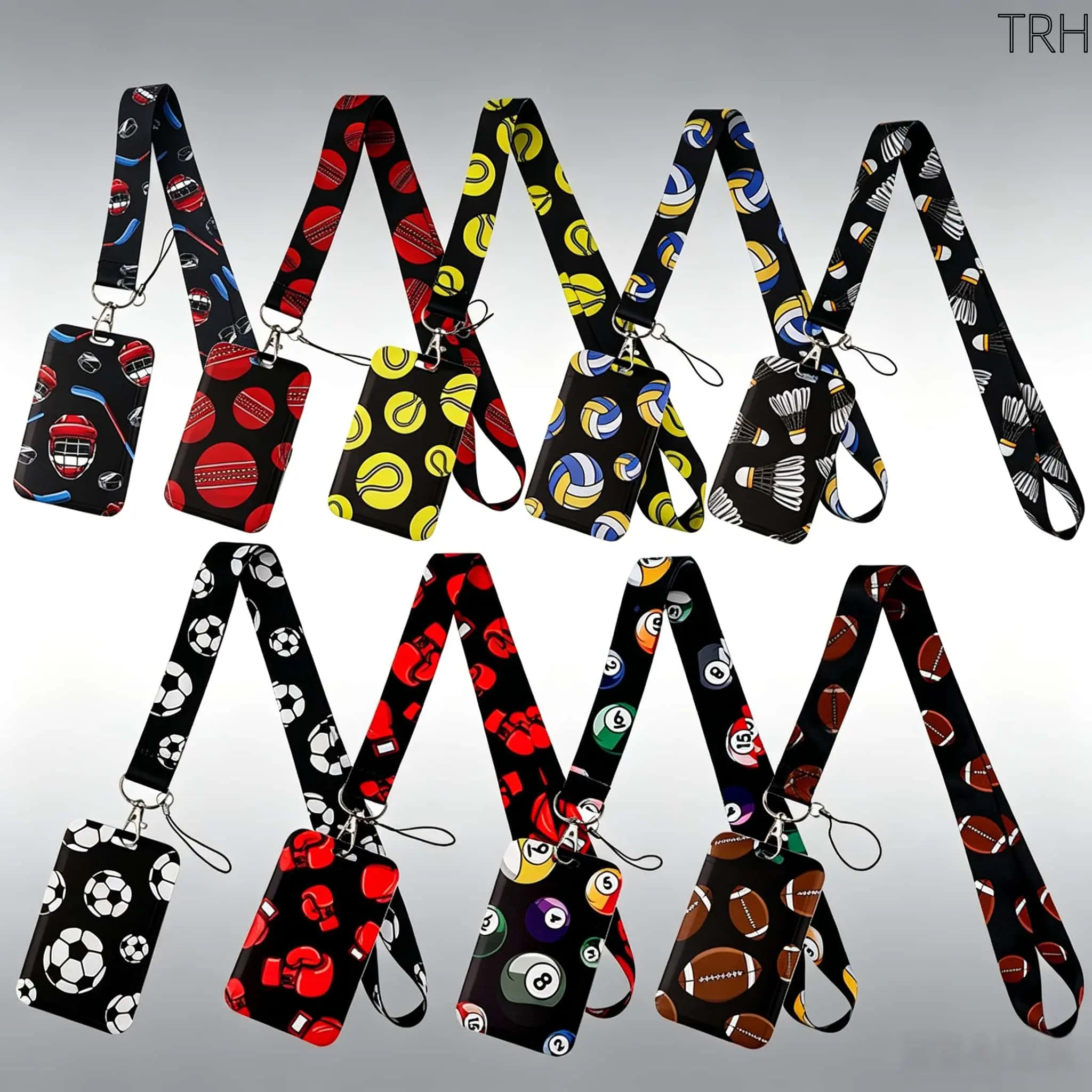 Polyester Sports-Themed Lanyard with ID Card Holder - Adjustable, Durable Neck Strap with Football, Soccer, Tennis, Badminton, Volleyball, Billiards Designs, Sporty Keychain Accessory for Athletes, Daily Use (All Seasons)
