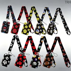 Sports Balls Pattern Lanyard with ID Card Holder, Football Soccer Tennis Badminton Volleyball Design Polyester Neck Strap, Cute Sporty Keychain Lanyard, Durable Adjustable Accessory for School Office Travel Daily Use