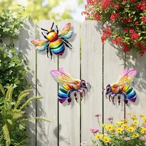 3pcs Iron Bee Wall Decor, Outdoor Waterproof Rust-Resistant Colorful Metal Insect Hanging Ornament, Garden Fence Wall Decoration, American Country Style