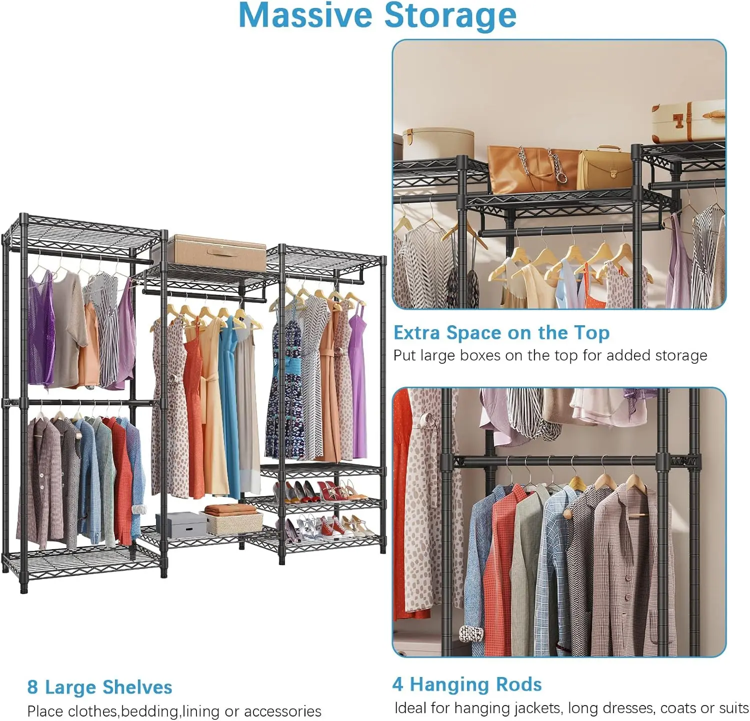 VIPEK V5 Series Closet Rack Wardrobe, Heavy Duty Freestanding Clothes Rack with 4 Rods & 8 Adjustable Shelves, Max Load 890LBS for Bedroom Storage VIPEK V5 Series Closet Rack Wardrobe, Heavy Duty Freestanding Clothes Rack with 4 Rods & 8 Adjustable Shelves, Max Load 890LBS for Bedroom Storage