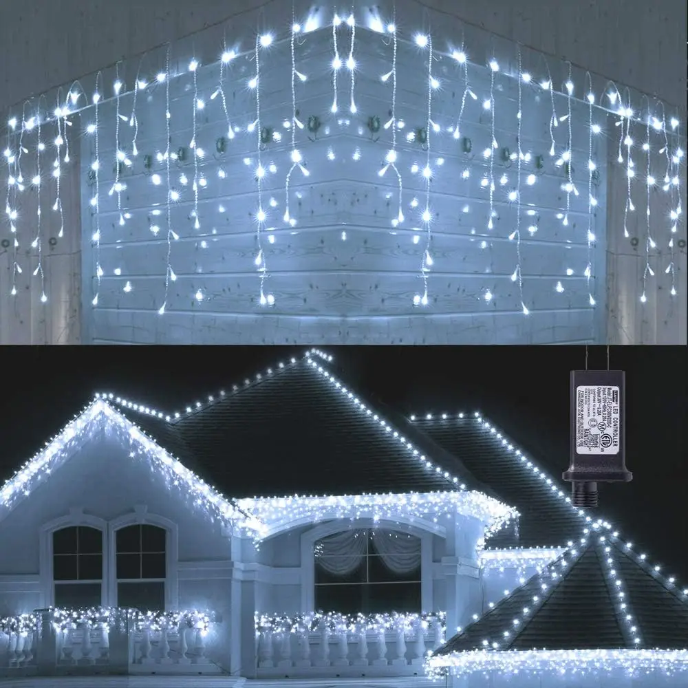 Toodour Christmas Icicle Lights Outdoor 360 LED 29.5ft 8 Modes String Light with 60 Drops Battery Powered Waterproof for Holiday Party Wedding Eaves Xmas Decorations White