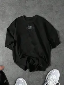 Men's Casual Spider Print Sports T-Shirt, Summer Breathable Sweat-Absorbent Comfort Design, Slim Fit, Gothic Tee, Loose Style