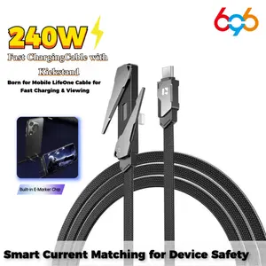 2 in 1 Foldable Phone Stand with 240W Fast Charging Cable Zinc Alloy Holder for Desk Horizontal and Vertical Viewing Durable Braided USB C Cable for High Speed Data Transfer and Charging