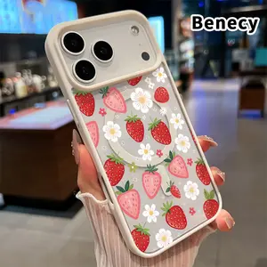 Magnetic Phone case for iPhone 17 16  Pro Max Plus 15 14 13 12 11 Air E Simple Strawberry Pattern Non-Yellowing Shockproof Soft Silicone Transparent Acrylic Cover Supports Wireless Charging
