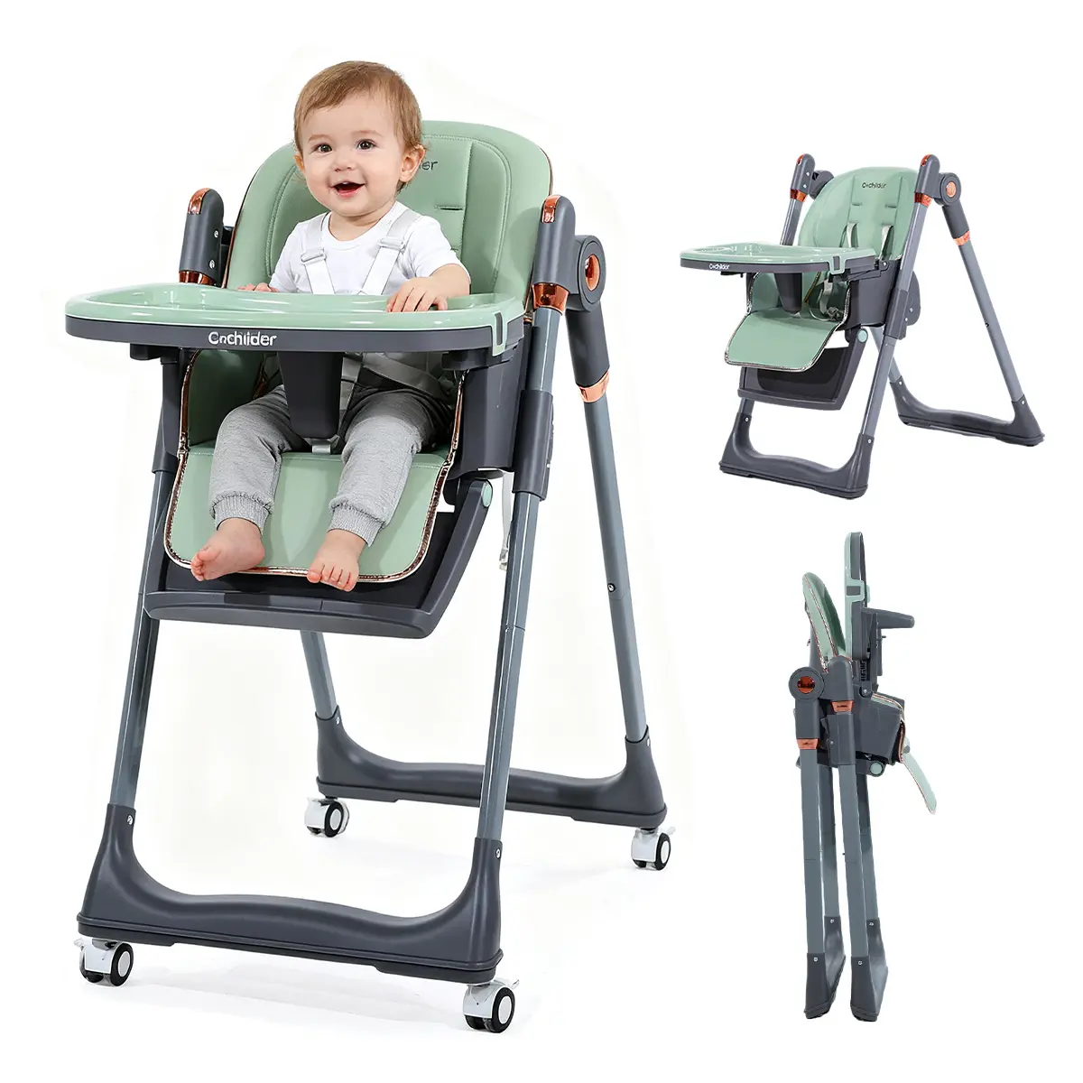 3-in-1 Foldable Convertible High Chair for Babies, Baby Furniture with Metal Frame, Adjustable Height, Reclining Seat, 5-Point Safety Harness, Removable Tray, Lockable Wheels, Washable Pad, Portable Design