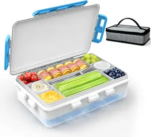 Chilled Snack Box Container with Ice Pack, Portable Travel Food Containers with Lids, Keep Cheese and Fruits Remained Fresh for Hours, Divided Serving Tray for Family Road Trip Beach Picnic
