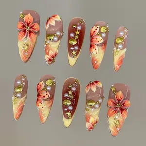 NailVesta SUNSET TREASURE – 100% Handcrafted 3D Press-On Nails | Reusable, Long-Lasting, Salon-Quality black lace nail art nail art